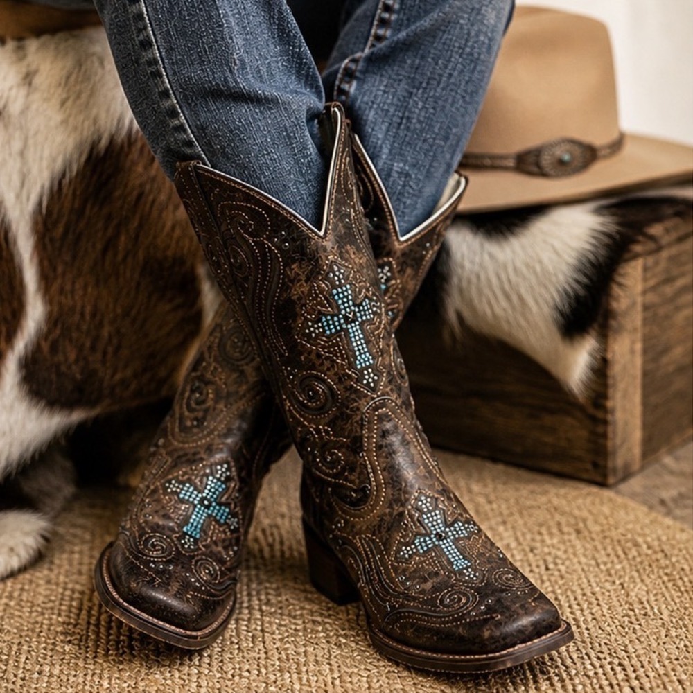 Roper Women's Western Boots Size 10 Brown Turquoise Cross Rhinestone Embroidered